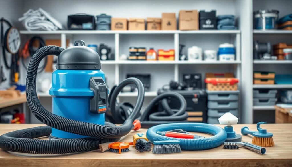 Residential air duct cleaning Plano equipment and process: A detailed workshop scene with a professional-grade vacuum cleaner, hoses, brushes, and other specialized tools neatly arranged on a workbench. Bright, even lighting illuminates the setup, showcasing the high-quality, well-maintained gear used by expert air duct cleaning technicians in Plano, TX. The background features clean, organized shelves stocked with additional supplies, conveying a sense of expertise and efficiency. The overall mood is one of professionalism, attention to detail, and a commitment to providing comprehensive air duct cleaning services. A realistic workshop scene featuring top-tier air duct cleaning equipment, including a powerful industrial vacuum, flexible hoses, precision brushes, and specialized attachments neatly arranged on a sturdy workbench. The space is brightly lit, highlighting the cleanliness and care taken in maintaining each tool. In the background, well-organized shelves display extra filters, fittings, and safety gear, reflecting the expertise of professional air duct cleaners in Plano, TX. The atmosphere conveys professionalism, precision, and dedication to delivering thorough, high-quality residential air duct cleaning services.