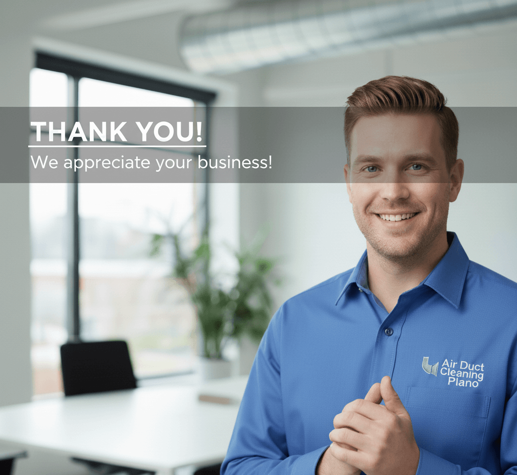 Smiling man wearing a blue shirt with the logo ‘Air Duct Cleaning Plano’ standing in a modern office. Text overlay reads: ‘Thank you! We appreciate your business!