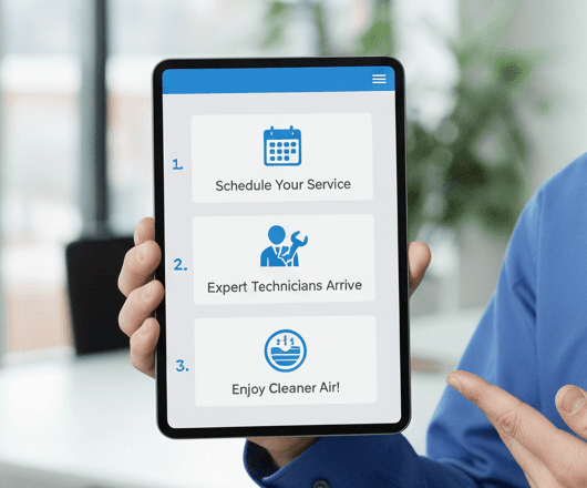 A smiling technician from Air Duct Cleaning Plano holds a tablet showing the steps after contacting the company: 1. Schedule Your Service, 2. Expert Technicians Arrive, 3. Enjoy Cleaner Air! The text above reads “What happens after you contact us? Your journey to cleaner air!” in a modern office setting