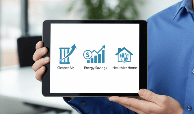 Air Duct Cleaning Plano technician holding tablet showing benefits of cleaner air, energy savings, and a healthier home, with text 'Why Reach Out? Unlock these benefits!' promoting professional air duct cleaning services in Plano, McKinney, Richardson, and Frisco TX